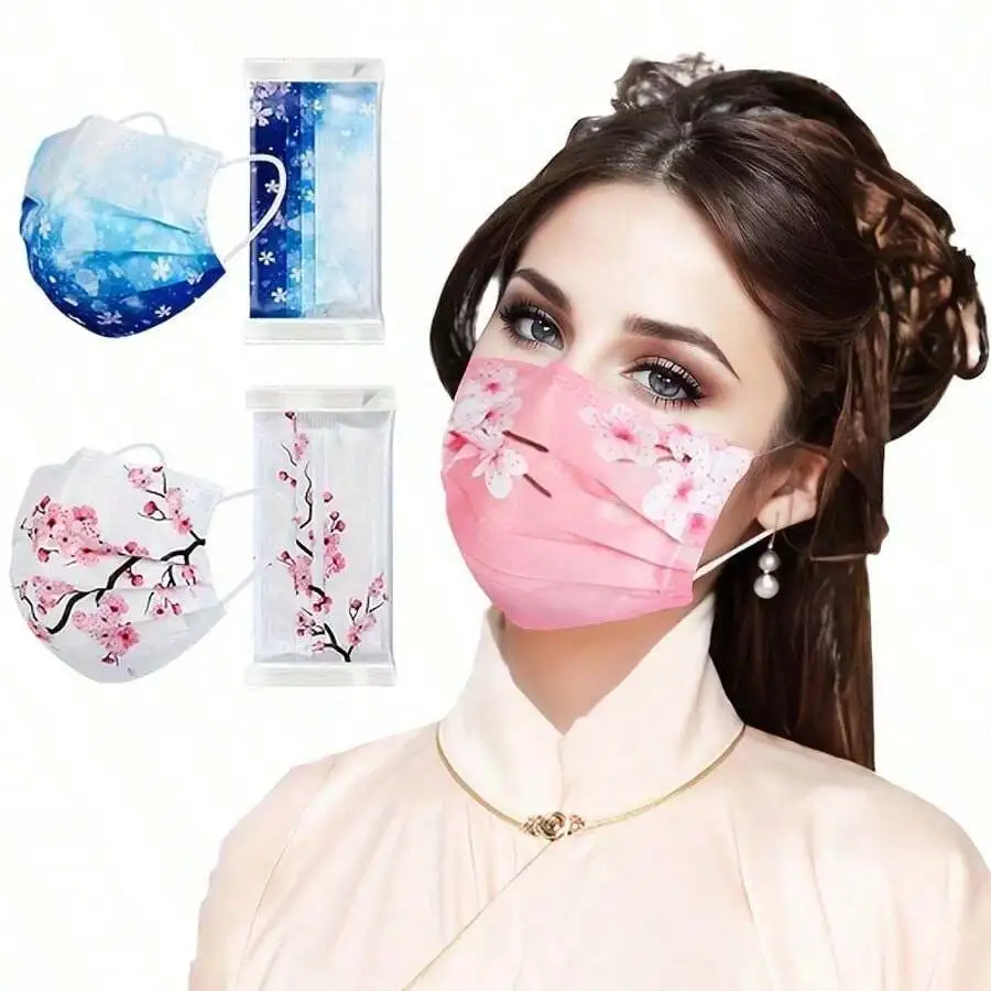 10pcs Floral Sakura Print 3-Pl - مراجعة Disposable Mask Blue وسعره