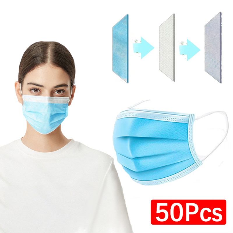 50Pcs 3-layer Mask Face Masks  - مراجعة Disposable Mask Blue وسعره